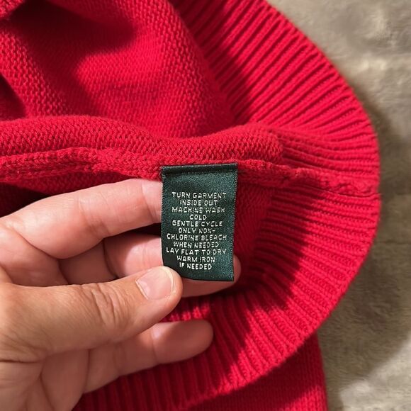 LRL PM Cotton Bright Red Gold Shawl Button Detail Neck Knit Pullover Sweater - Picture 11 of 16